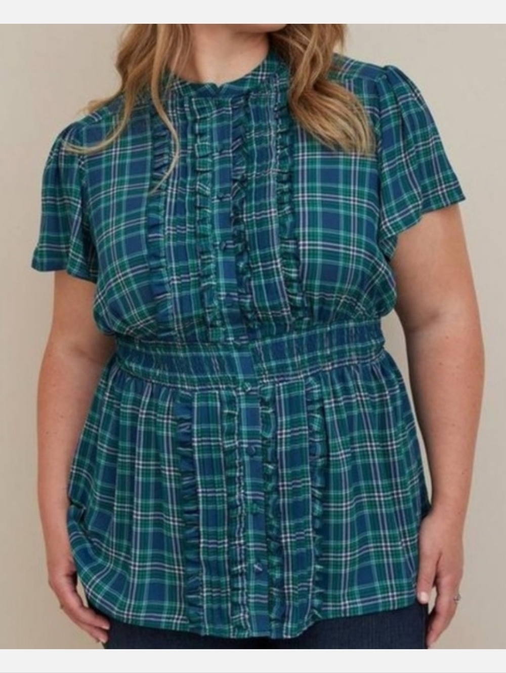 Torrid Georgette Ruffle Front Flutter Sleeve Blouse Blue Green Plaid Size 4X